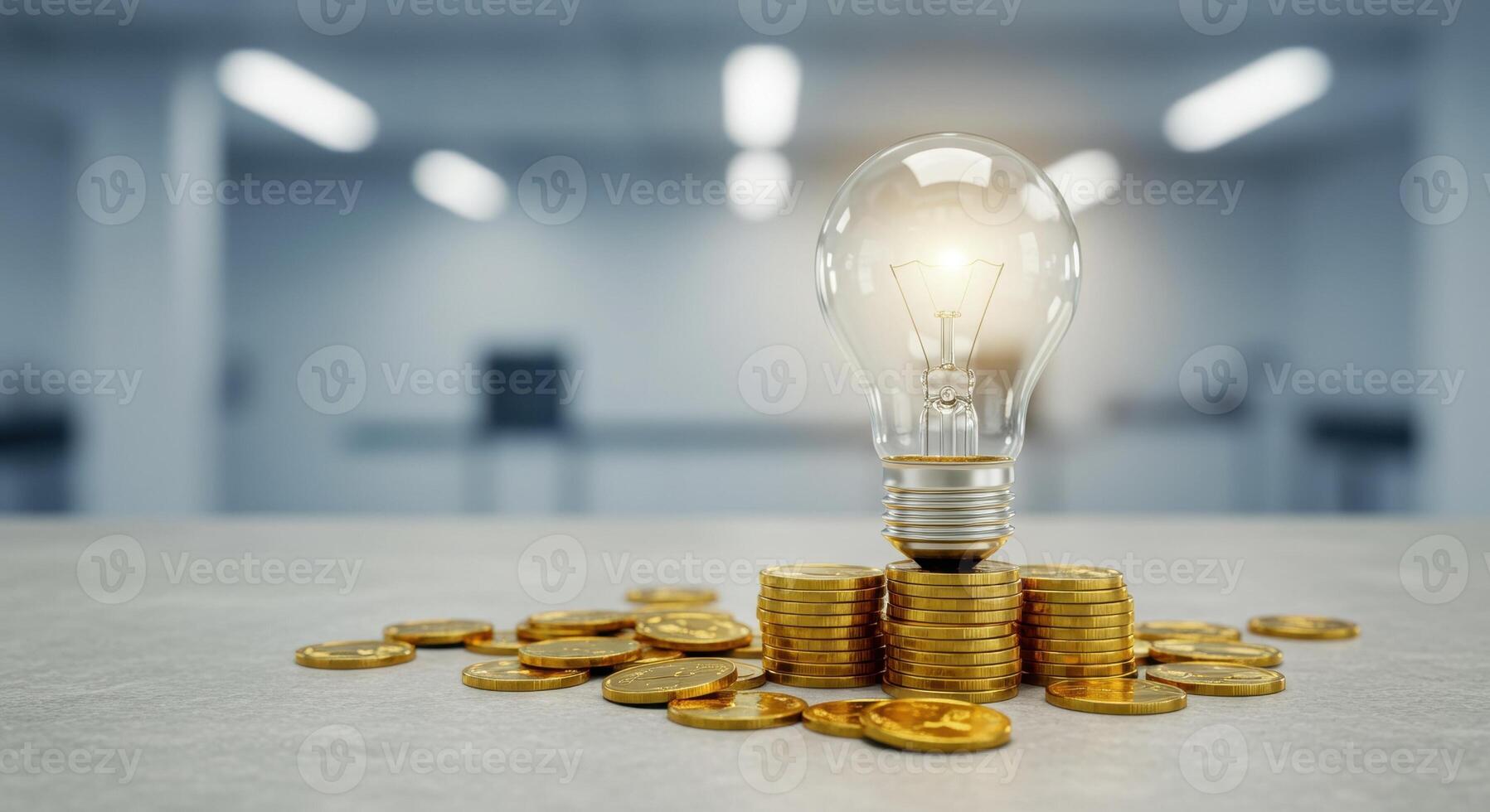 Illuminated lightbulb on gold coins symbolizing business idea, investment, and financial strategy on a table in a modern office. Concept of innovation. photo