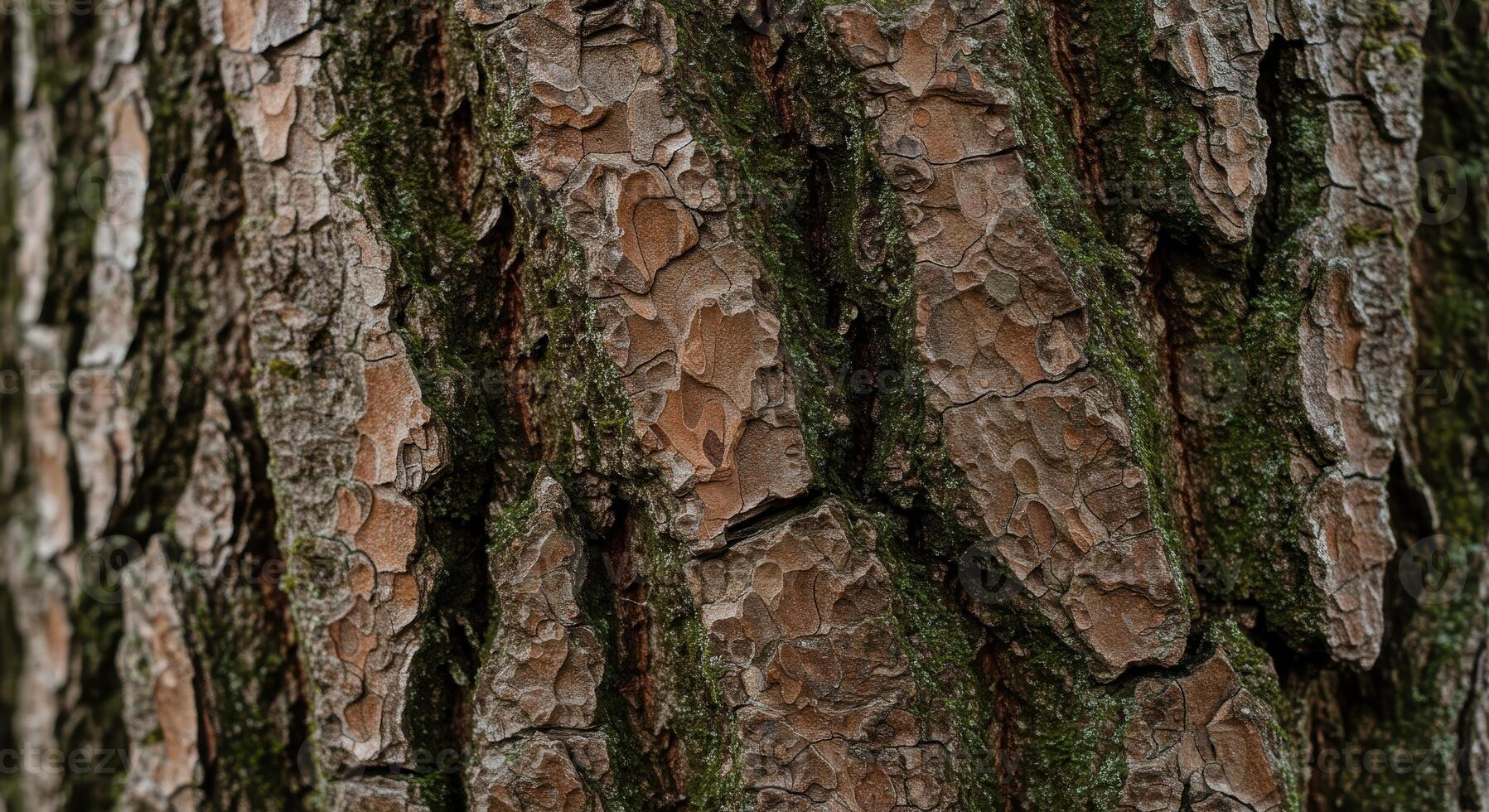 Detailed close up of textured tree bark with rough ridges and deep fissures showing variations in earth tones and green moss. Natural background. photo