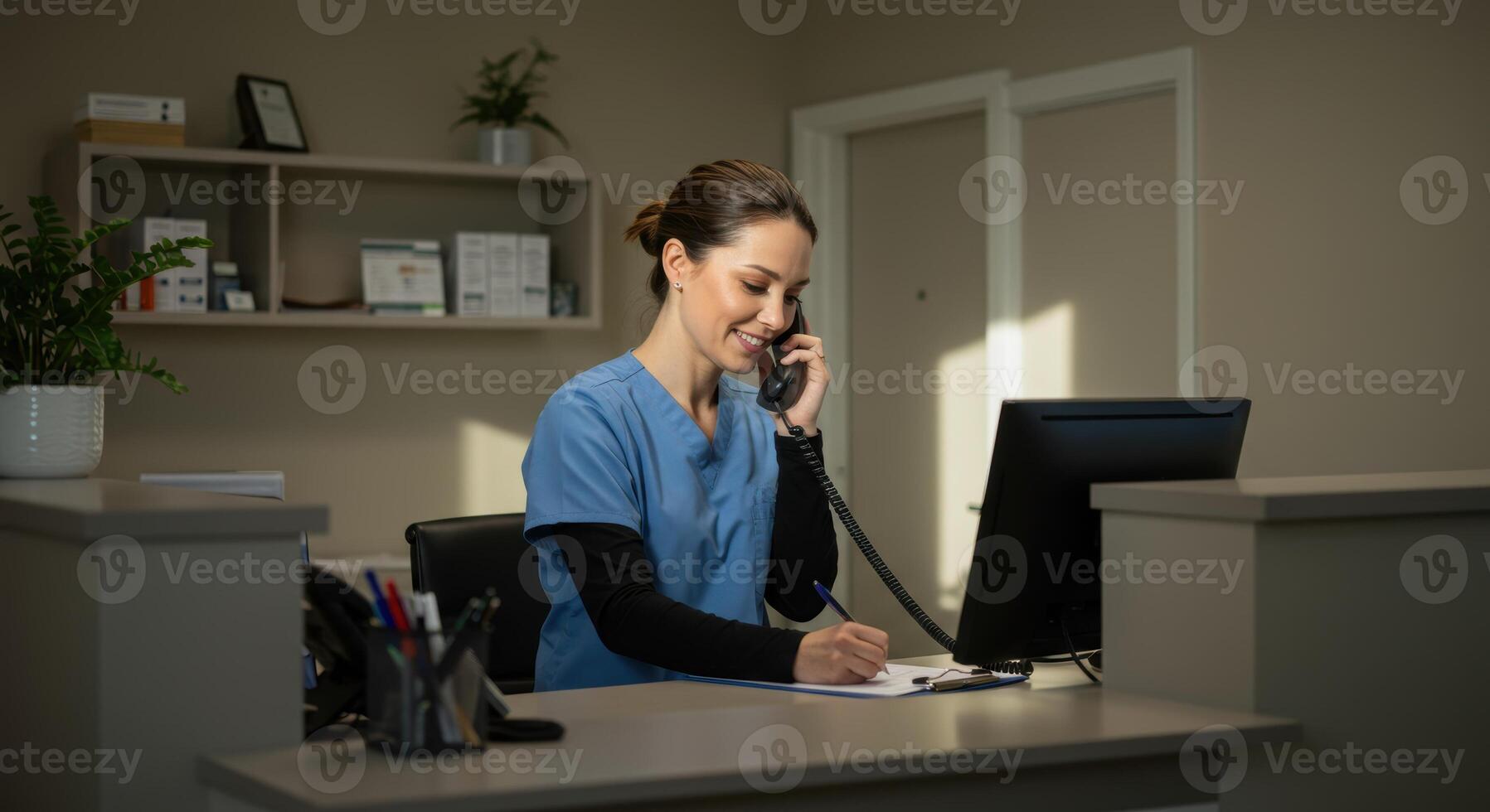 Female medical receptionist in blue scrubs answers phone, takes notes at clinic reception desk. Healthcare worker provides patient support in modern office. photo