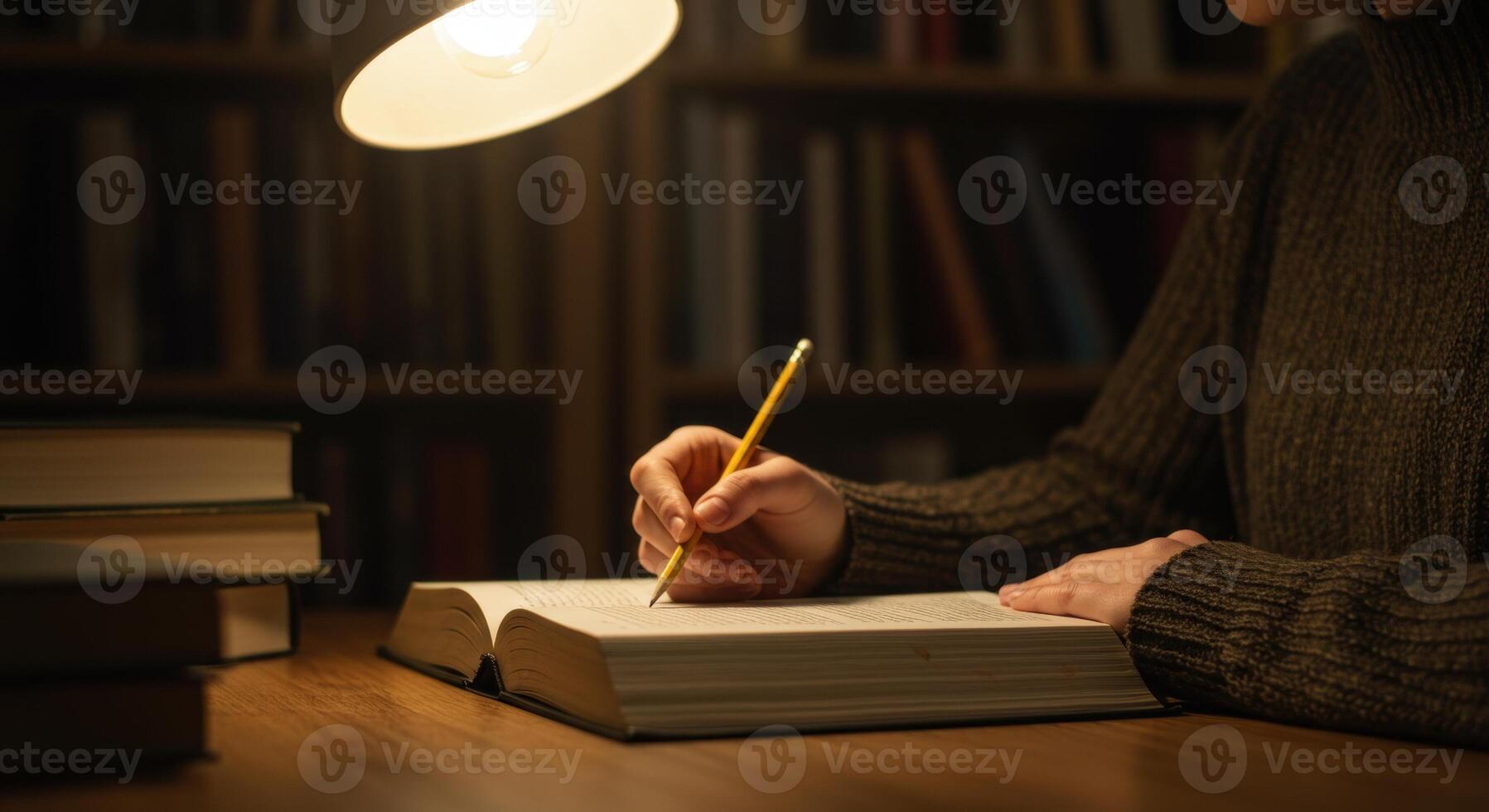 Woman studies in library at night, reading a book and writing with a pencil under a lamp. Focus on education, knowledge and learning concept. photo