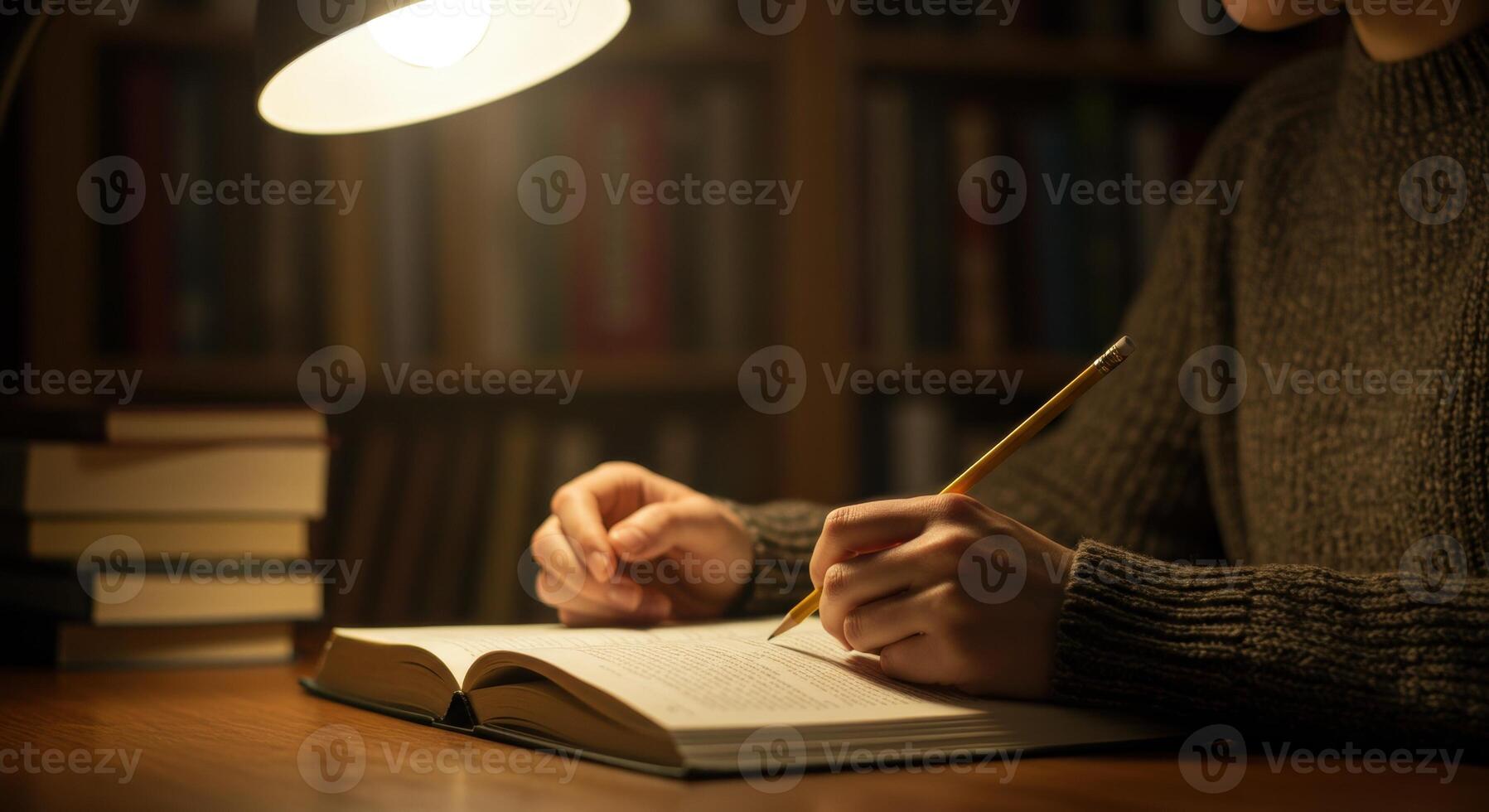 Woman studies with pencil in hand at desk with open book under lamp light, creating a cozy, focused atmosphere in library with books in background. photo
