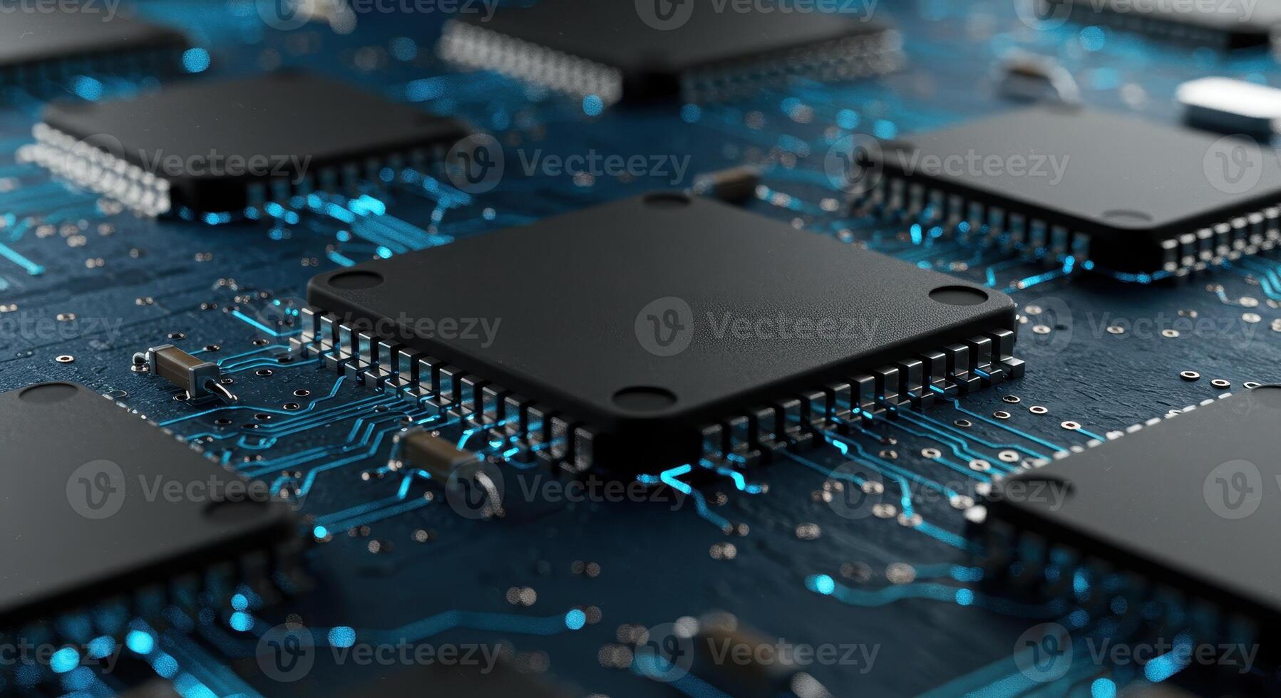 Close up of multiple microchips on a circuit board, showcasing technology, connectivity, and complex electronic components in detail. photo