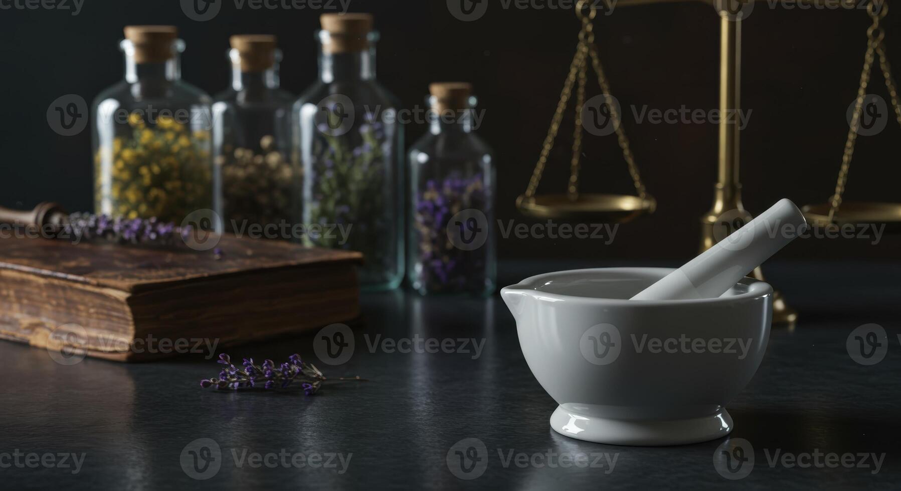 Close up of mortar and pestle on a dark stone surface with blurred bottles of herbs and a scale in the background. Concept of alternative medicine. photo