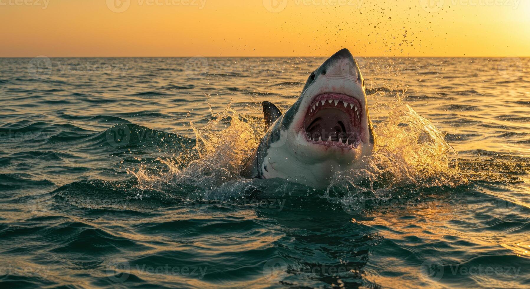 Great white shark breaches ocean surface at sunset, mouth open, teeth bared, water splashing. Predatory marine wildlife in natural habitat. photo