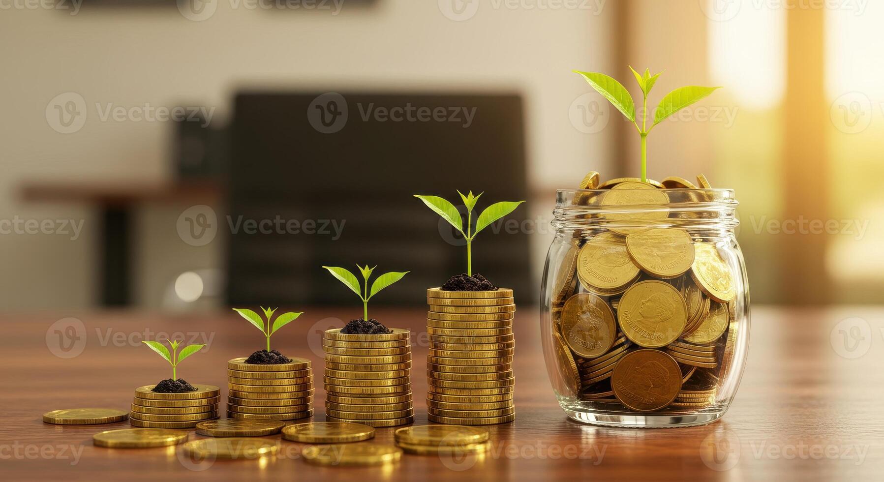 Stacks of golden coins with growing seedlings and jar full of money represent investment and financial growth on a wooden table. photo