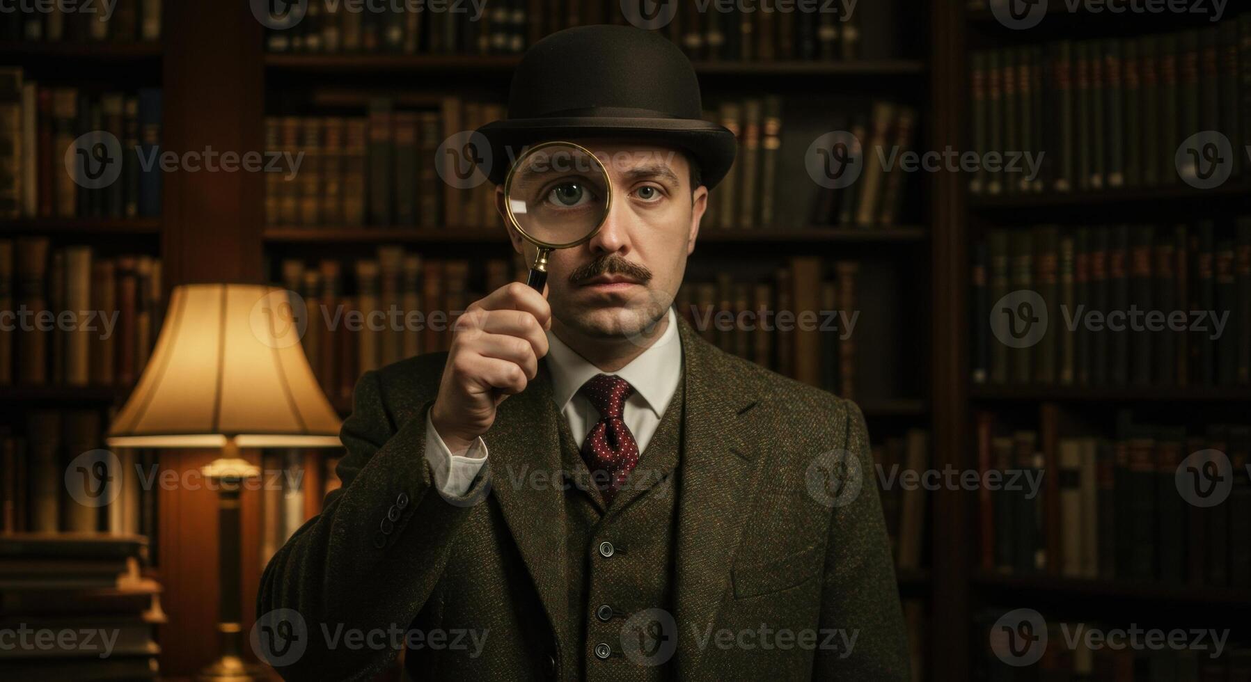 Man in tweed suit and bowler hat stands in wood paneled library holding magnifying glass to eye, inspecting or searching, with books in background. photo