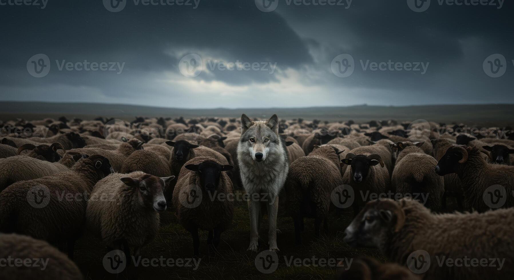Wolf stands among a large flock of sheep in a field under a dark, cloudy sky. Concept for leadership, strategy, and being different. photo
