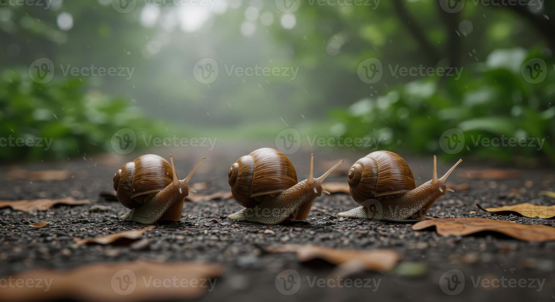Three snails crawl on a path in a forest. The gastropods are moving in a row. Rainy day, green foliage, nature and wildlife concept. photo