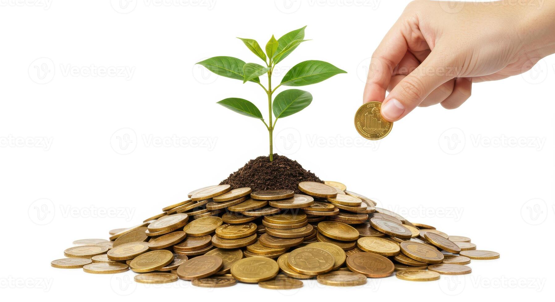 Hand adding coin to pile with plant growing from soil. Investment growth, financial planning and savings concept against white backdrop. photo