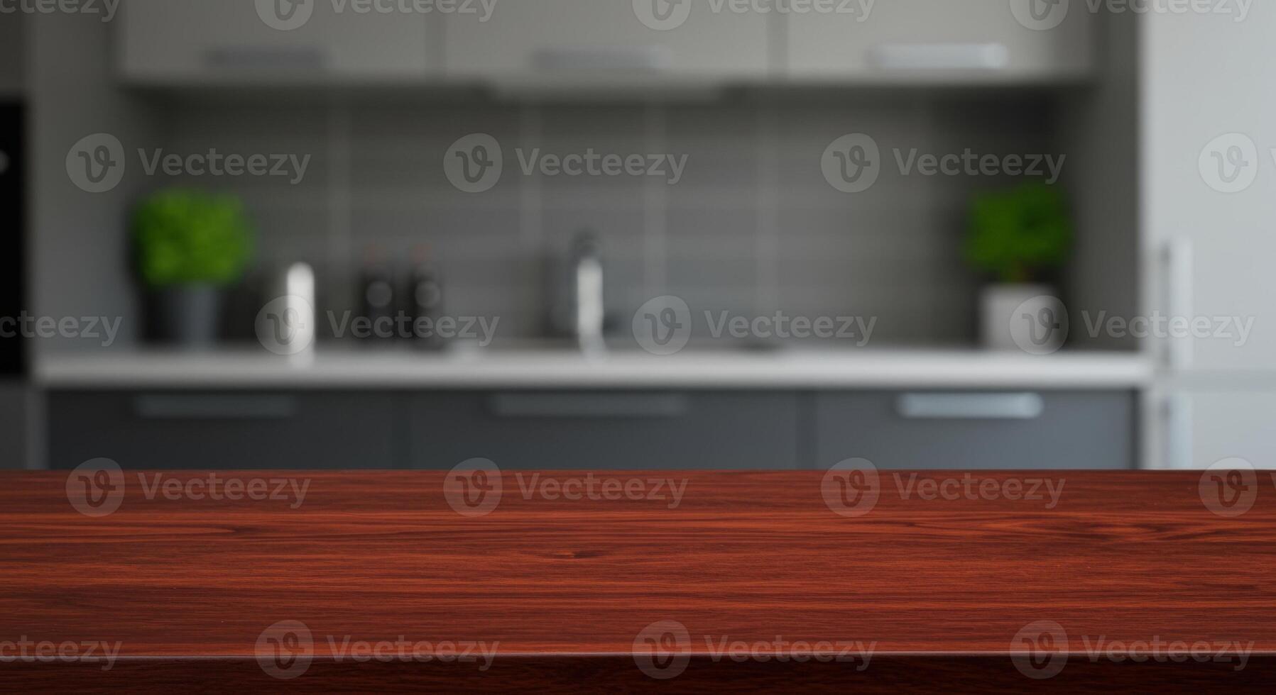 Empty dark red wooden table in focus with blurred kitchen in the background. Copy space for object placement and product display template mockup. photo