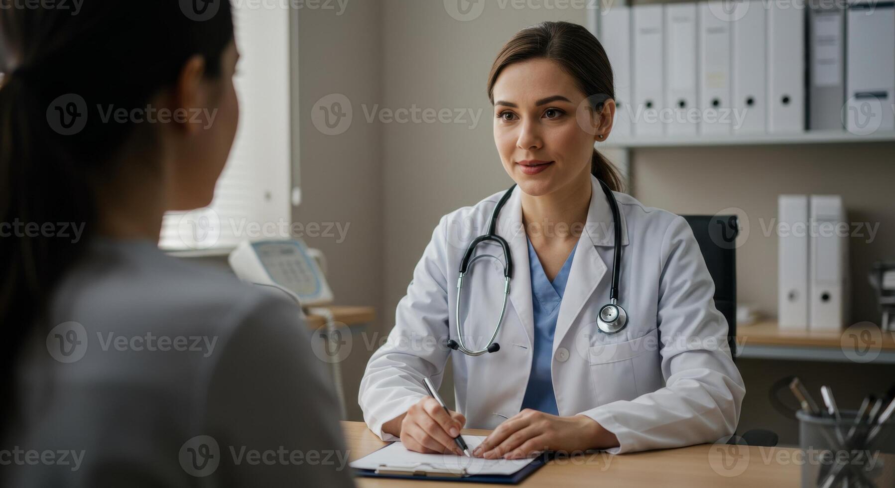 Female doctor in white coat with stethoscope sitting at desk, taking notes while consulting with patient in modern clinic. Healthcare concept. photo