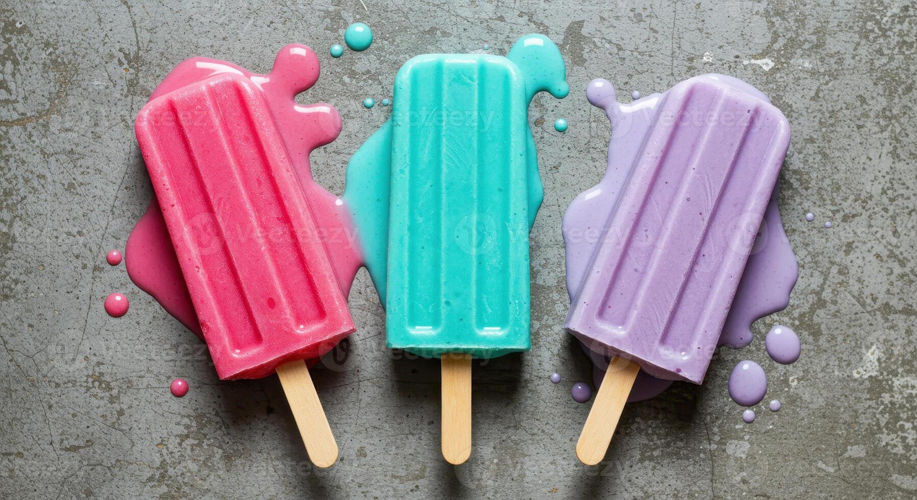 Three colorful melting popsicles, pink, turquoise, and purple with dripping juice on a gray surface. Summer treat, frozen dessert, and refreshment concept. photo