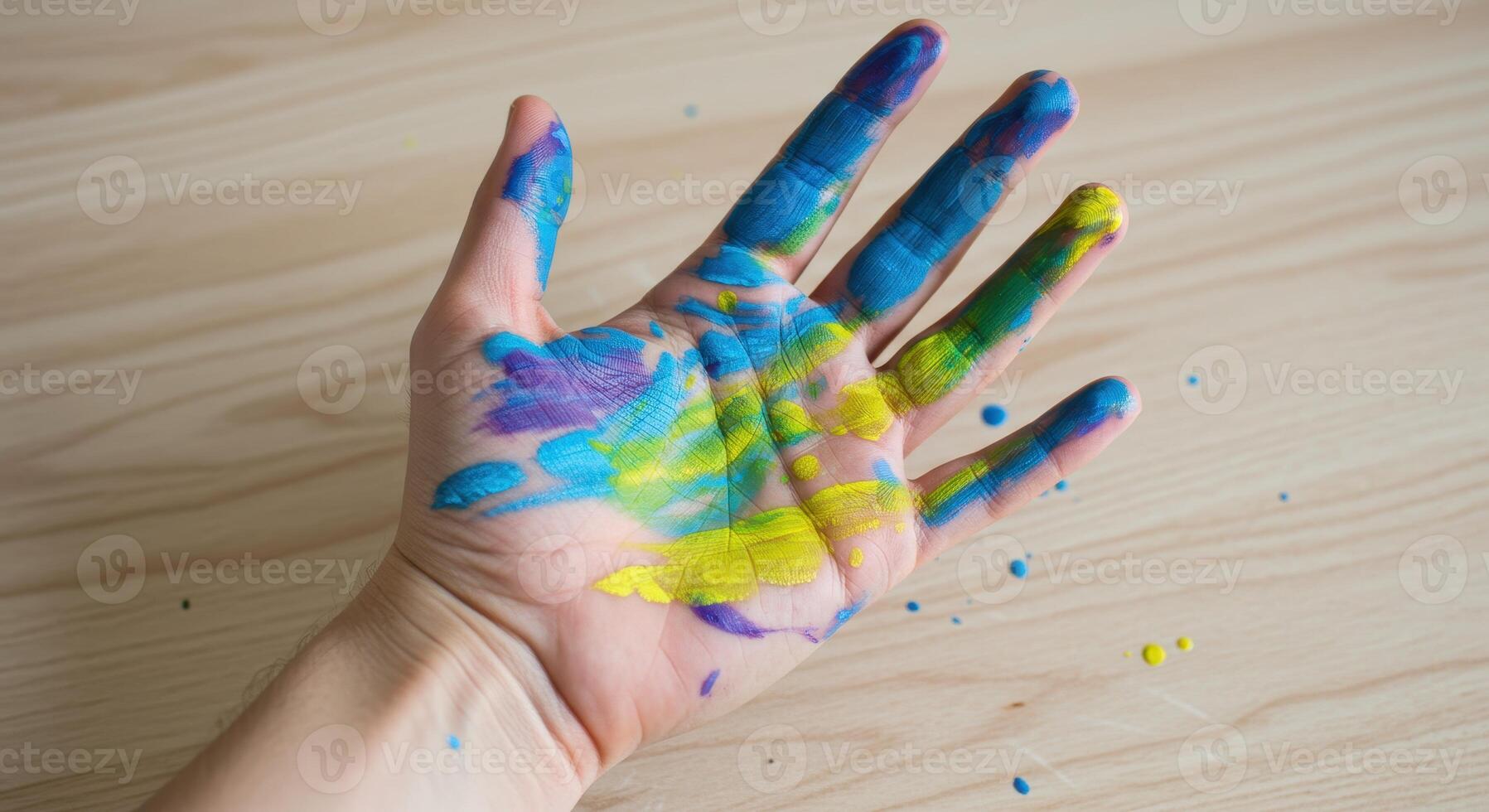 Close up on a mans hand covered in colorful paint, with blue, yellow, and purple hues, resting on a bright wooden surface. Creative expression concept. photo