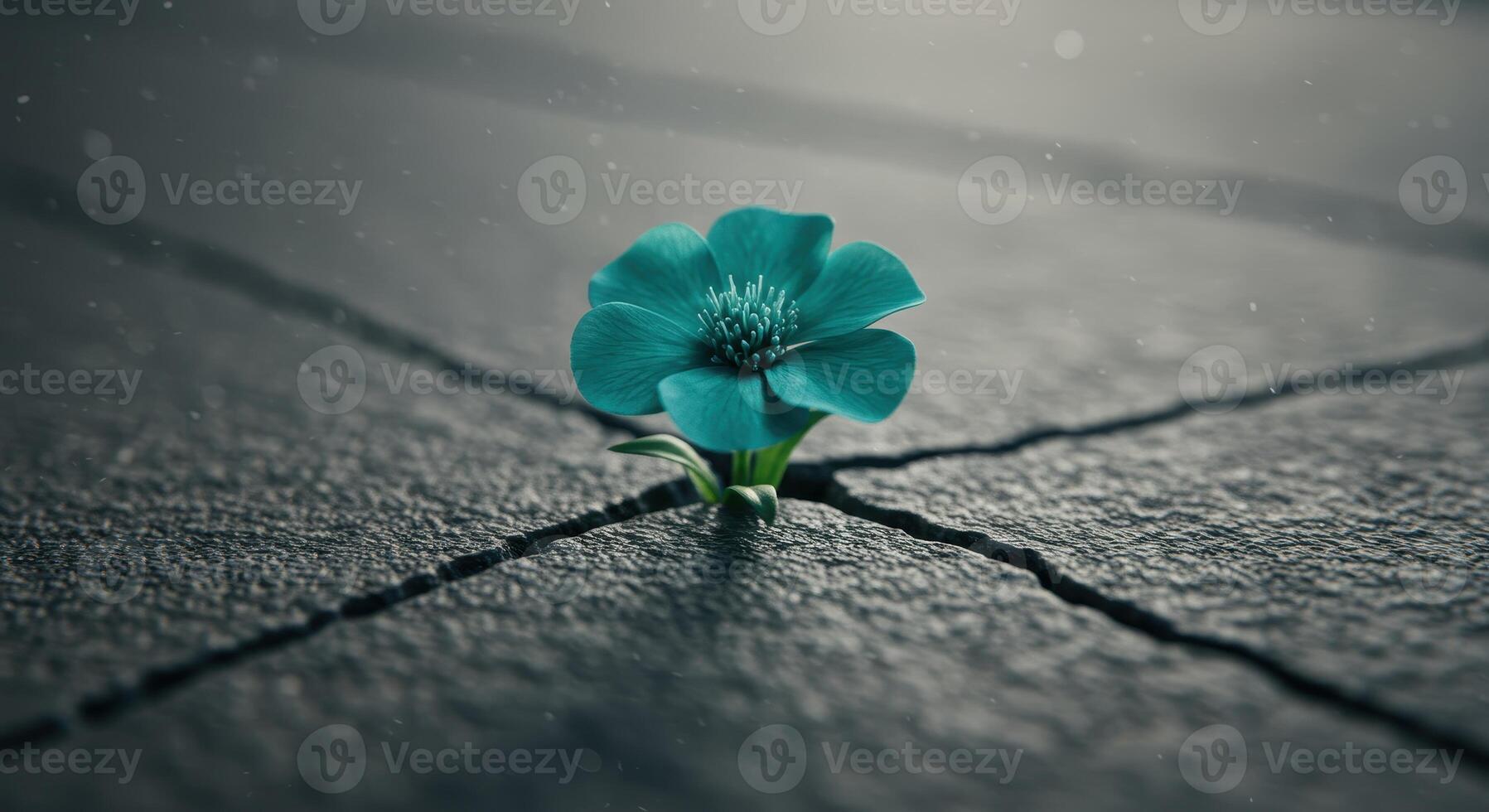 Teal flower growing through cracked concrete surface, symbolizing resilience, determination, and overcoming adversity in challenging environments. photo