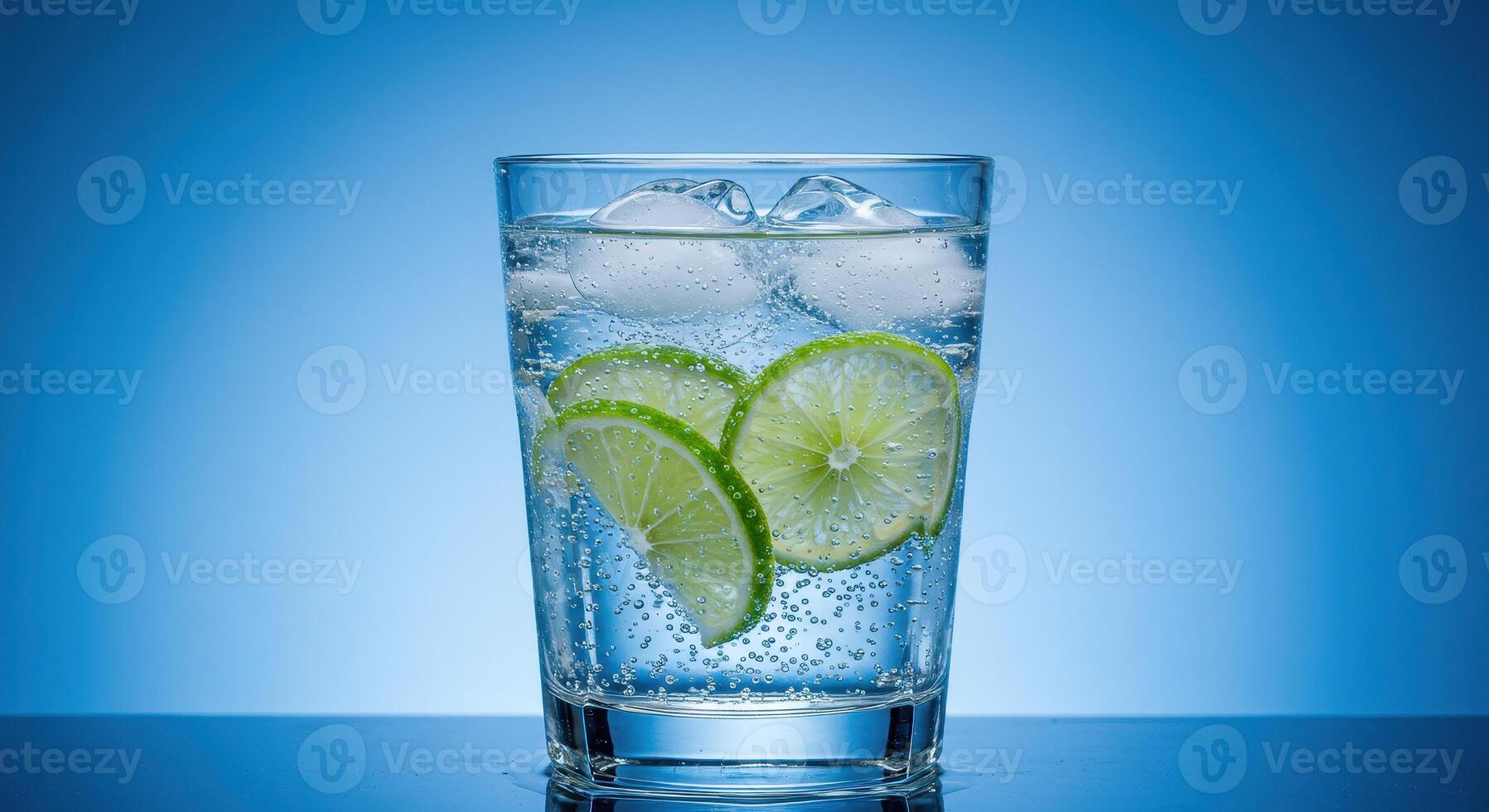 Refreshing drink with ice and lime slices in a glass on a blue background. Bubbles enhance the visual appeal of this cool beverage. photo