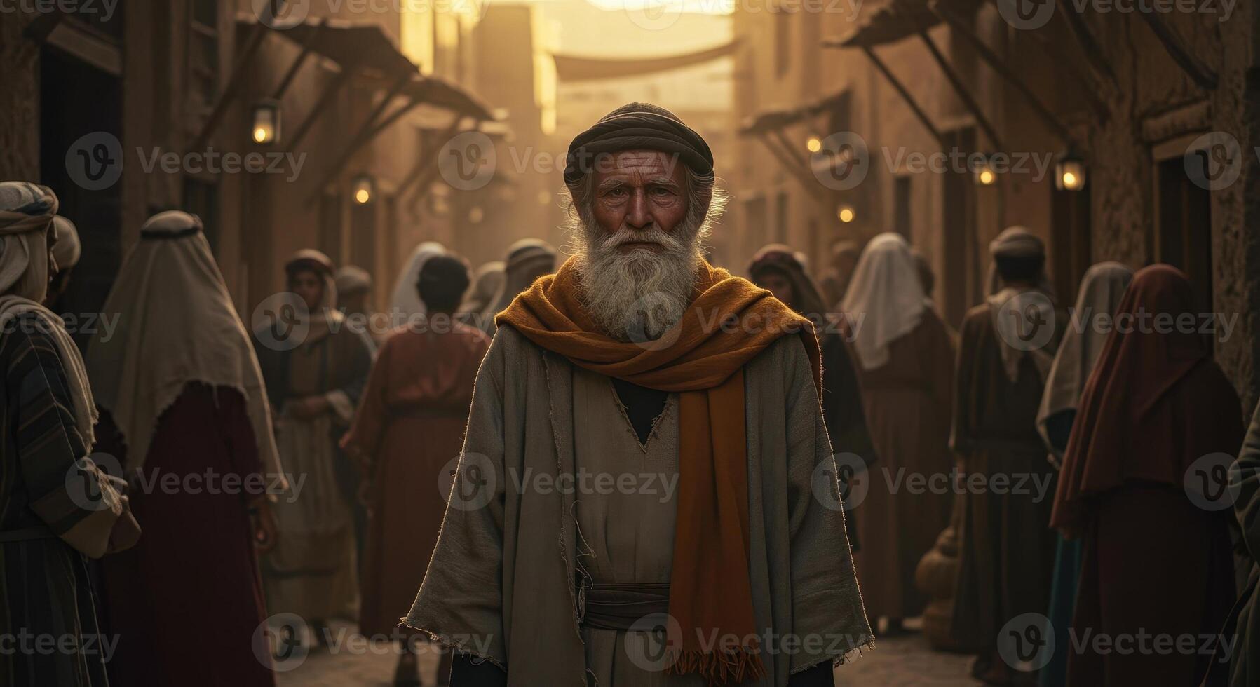 Elderly man with long grey beard stands in a bustling ancient marketplace. He wears a plain hooded robe and head covering, surrounded by crowd. photo