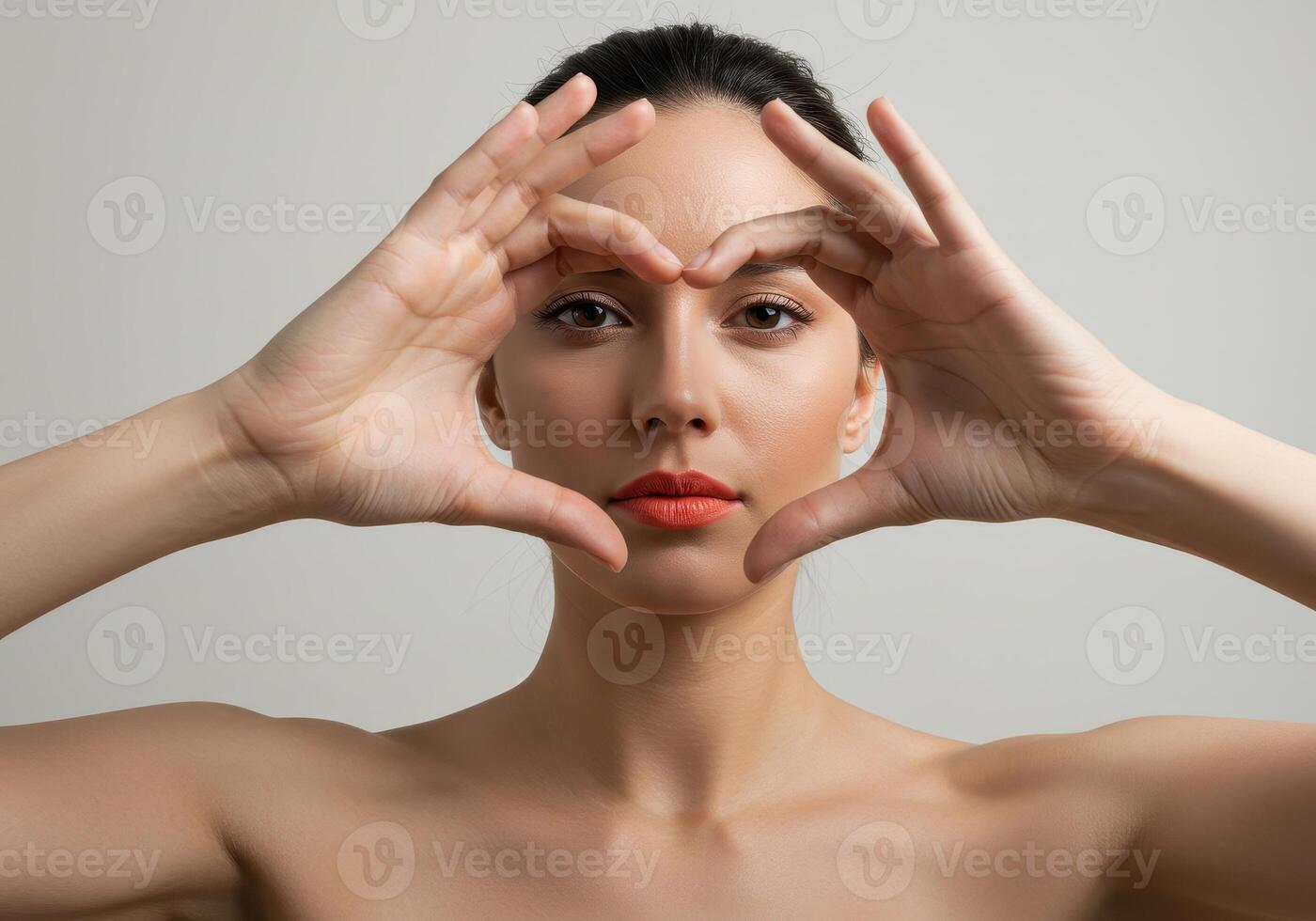 Attractive woman frames her face with her hands in a heart shape. Concept of love, care, beauty, health, and wellness. Studio shot on a neutral background. photo