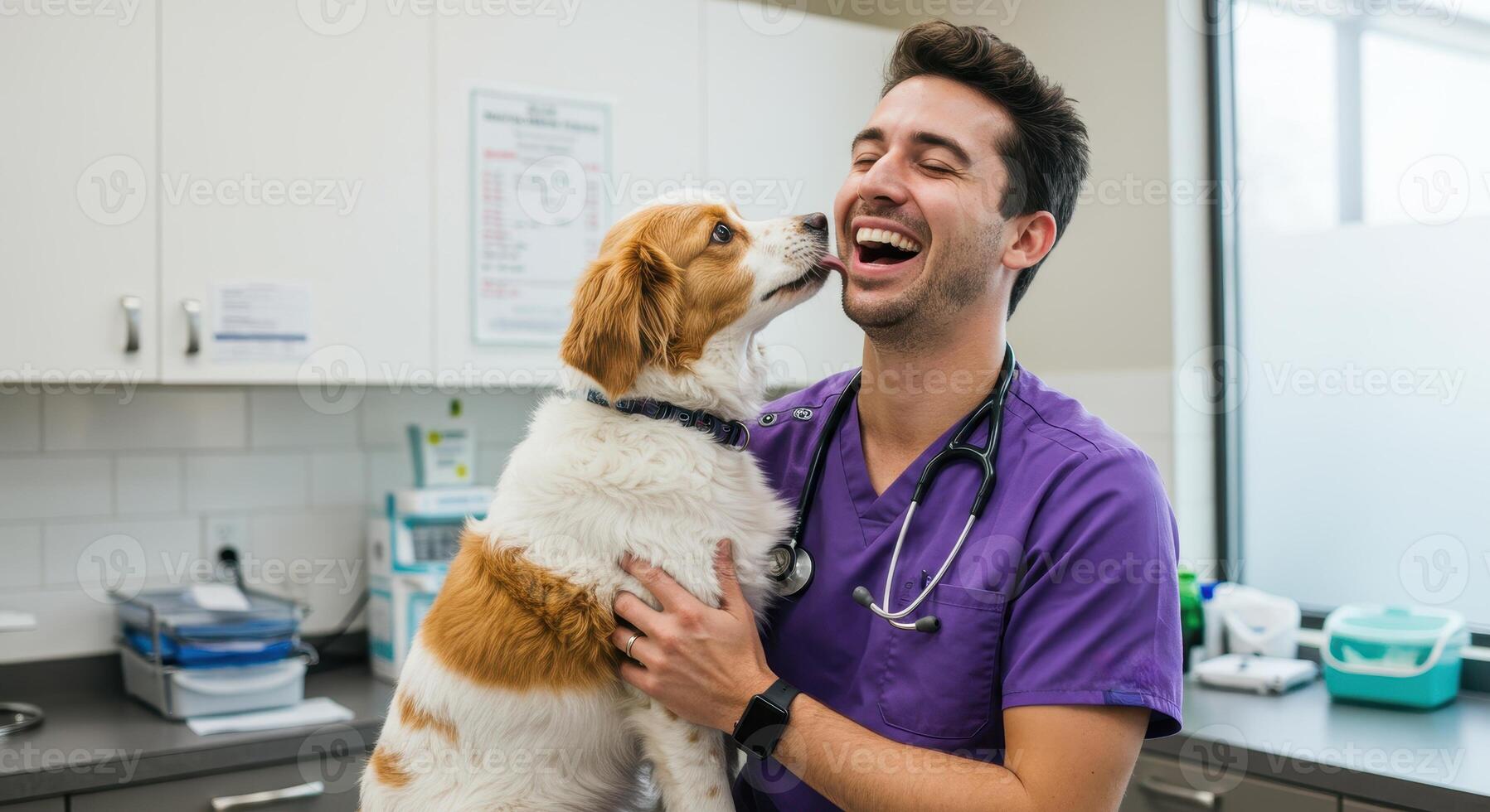 Happy male veterinarian in purple scrubs holds dog as it licks his face in vet clinic. Smiling vet doctor with stethoscope and cheerful dog in animal hospital. photo
