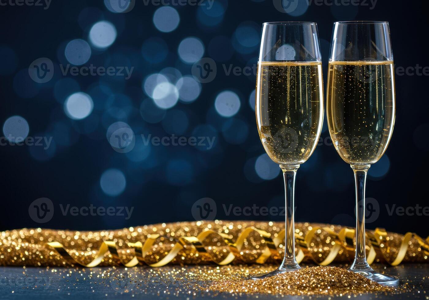 Two champagne flutes filled with sparkling wine, placed near a golden ribbon on a dark surface with bokeh lights, perfect for celebrations. photo