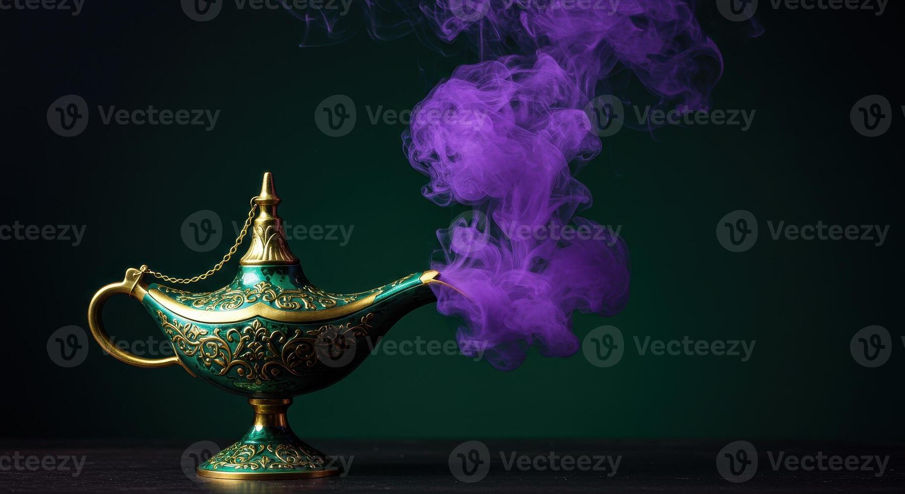 Ornate genie lamp with purple smoke coming out of the spout on a dark green background. Concept for magic, wish, and fantasy themes. photo