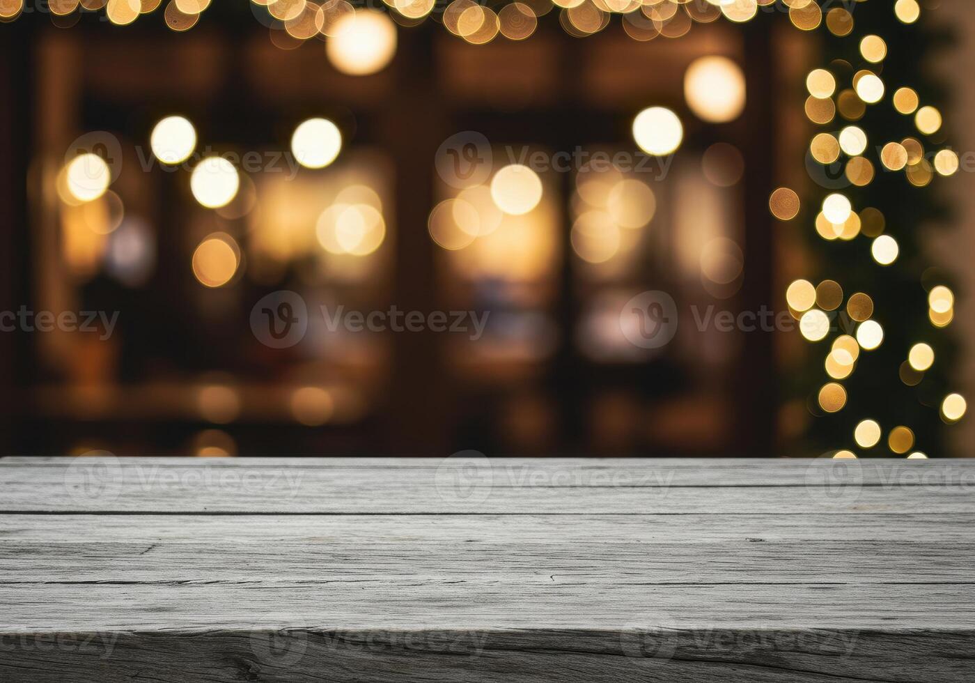 Rustic wood table surface with blurred lights in background. Ideal for product placement, holiday themes, or food photography with bokeh effects. Christmas and New Year concept. photo