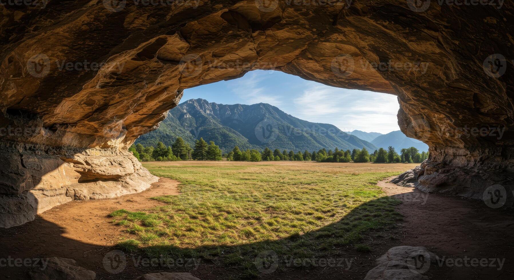 Cave entrance overlooking a grassy field with mountains and trees in the distance under a blue sky. Landscape with natural rock formations and scenic view. photo