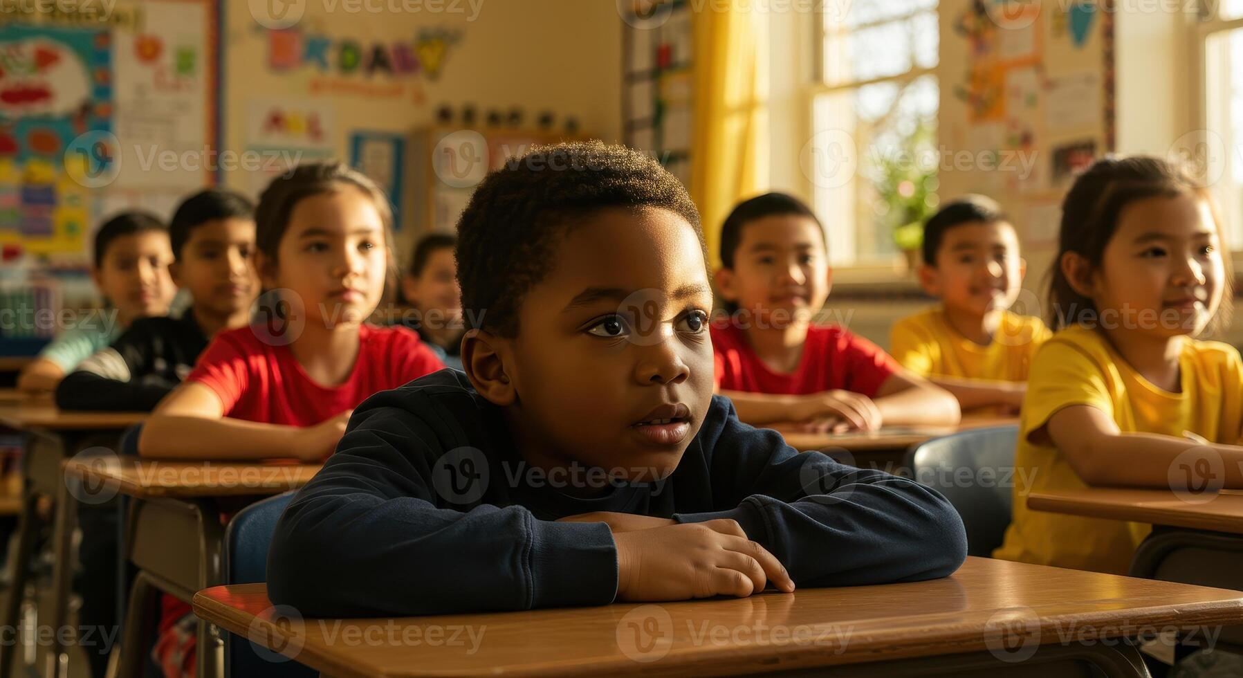 Elementary school students of diverse ethnicities sit at desks in a classroom, listening attentively during a lesson, fostering education and learning. photo