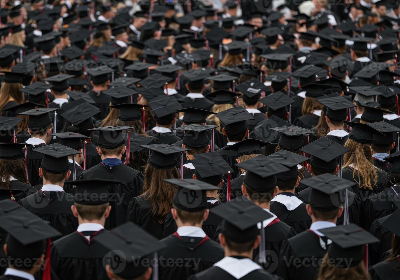 Large crowd of graduates wearing black gowns and mortarboards. Students attending commencement ceremony. Academic achievement and higher education concept. photo