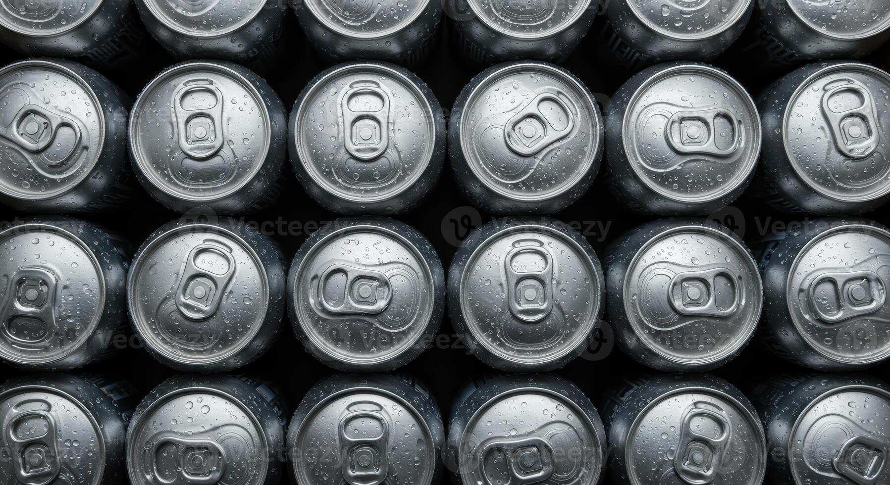 Rows of aluminum cans with water droplets. Refreshment concept, ideal for illustrating beverage industry, recycling, or summer themes. photo