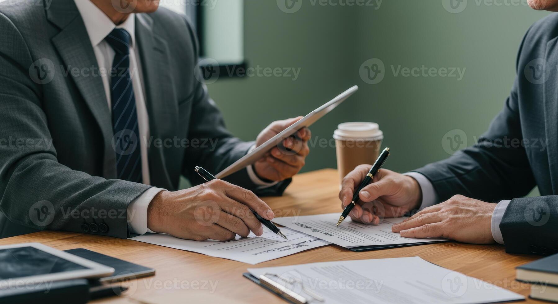 Businessmen in suits review documents and sign contract at a meeting. They use a tablet and pen on a wooden table with coffee. Focus on collaboration and agreement. photo