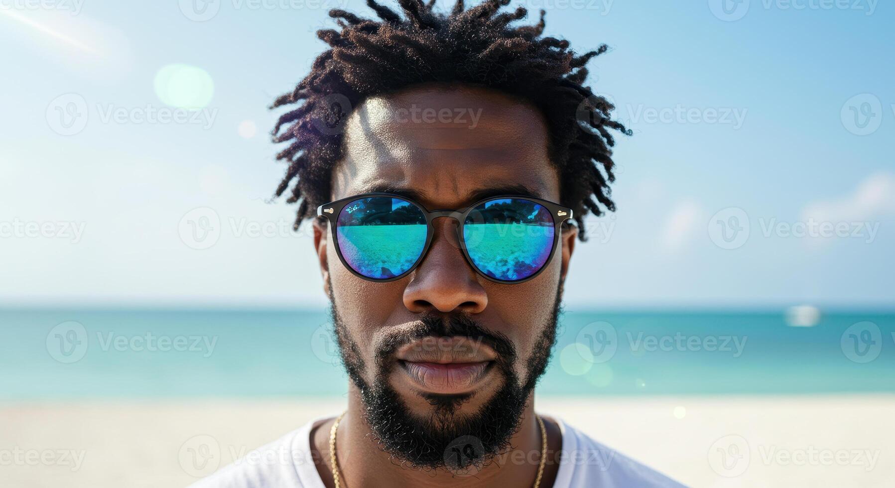 Portrait of an African American man with dreadlocks wearing sunglasses at the beach with ocean and blue sky reflected in the lenses. photo