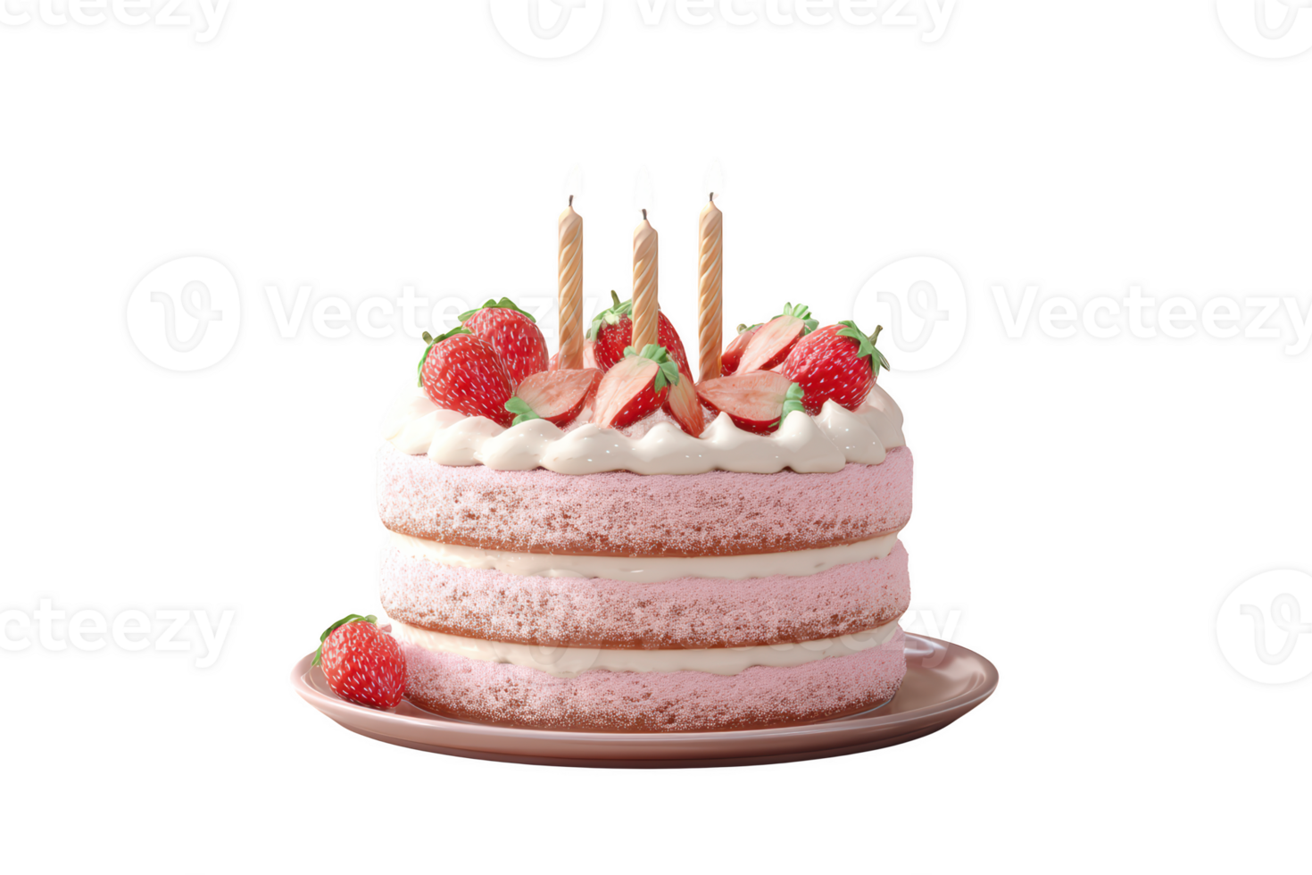 A strawberry cake with three candles on top png