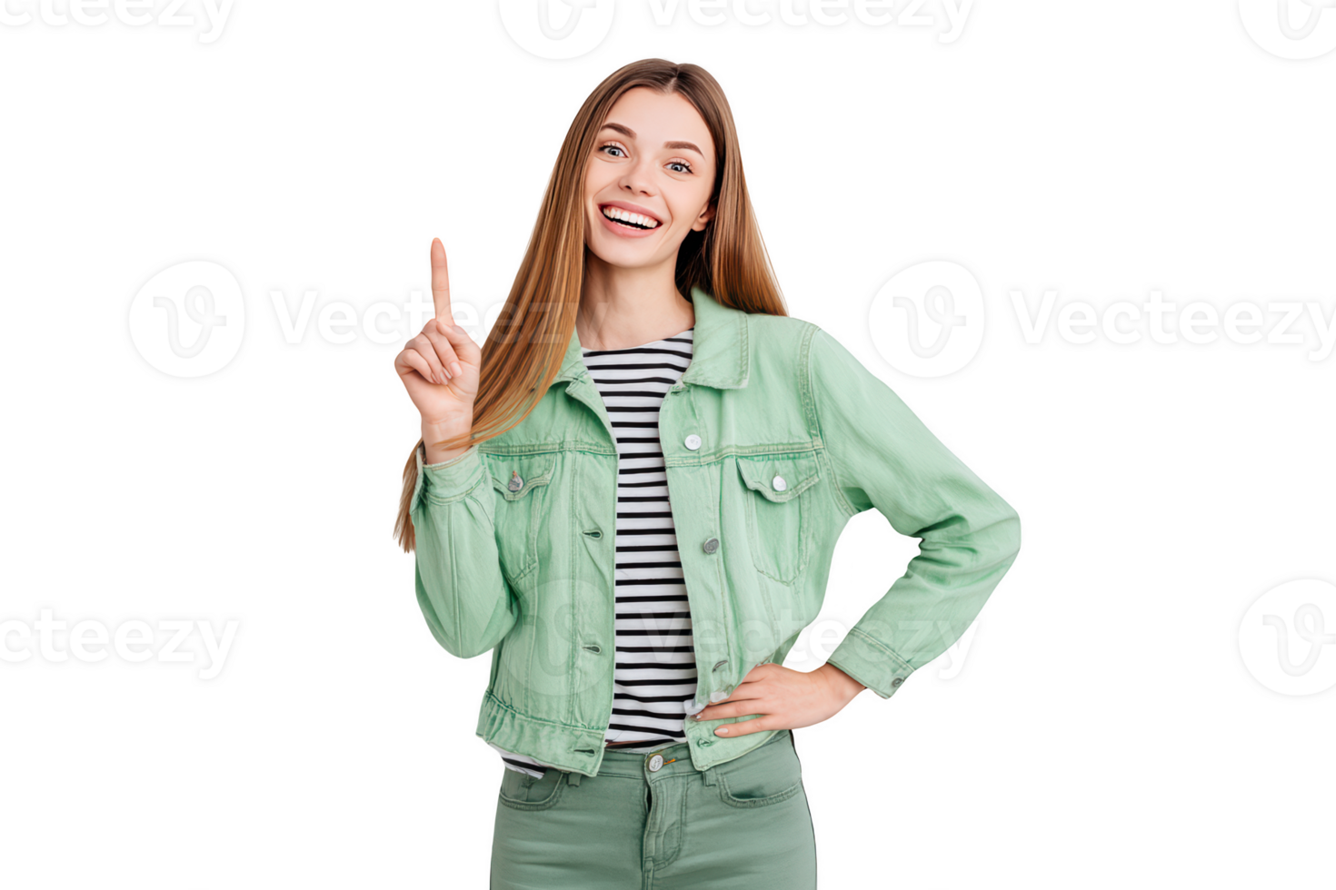 A woman in green pants and a green jacket pointing up png