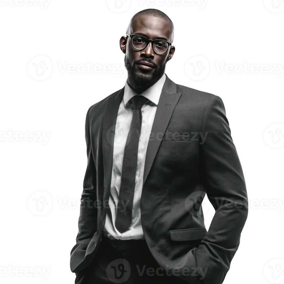 A man in a suit and tie standing with his hands in his pockets png