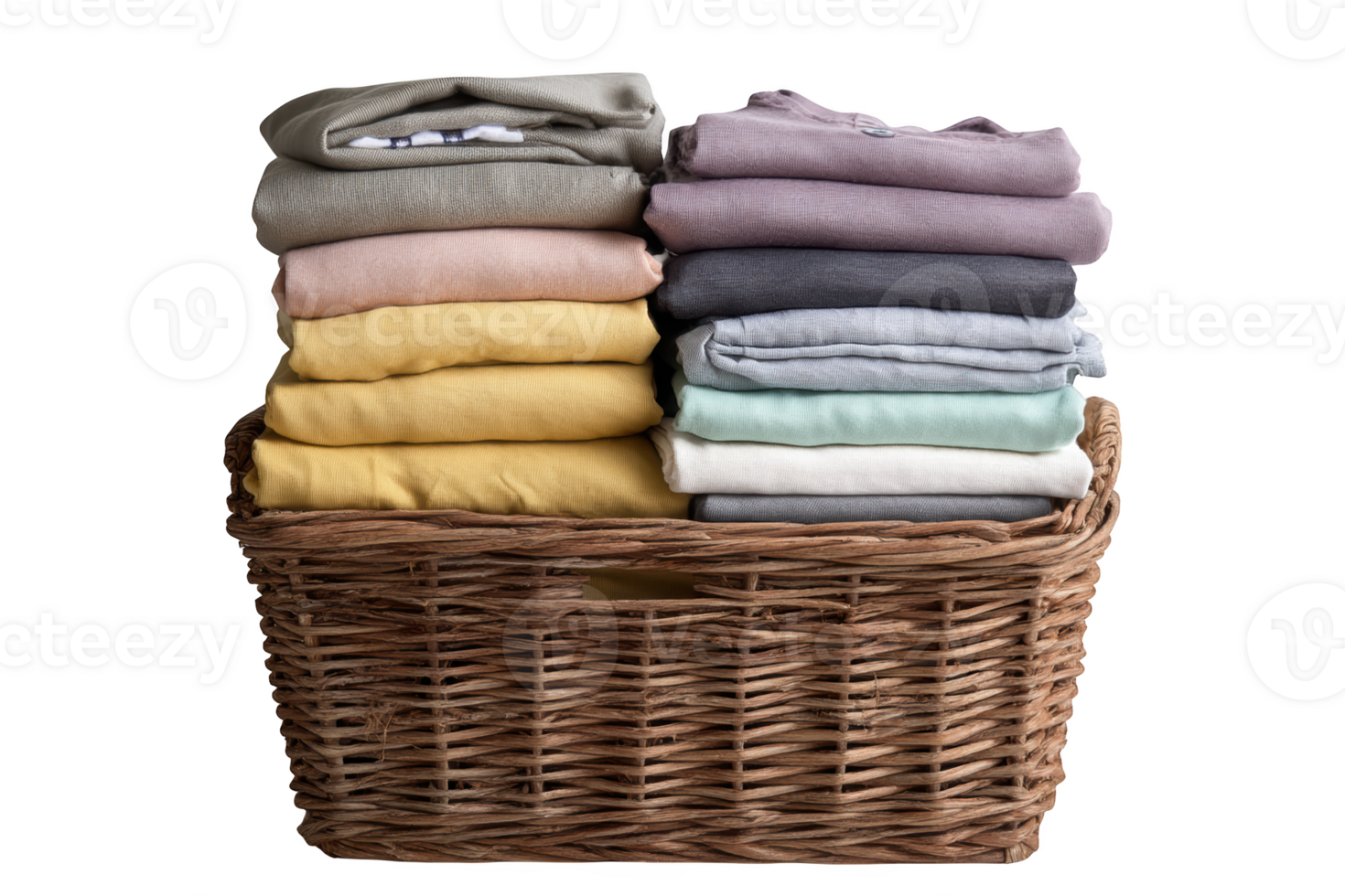 A basket filled with folded clothes png