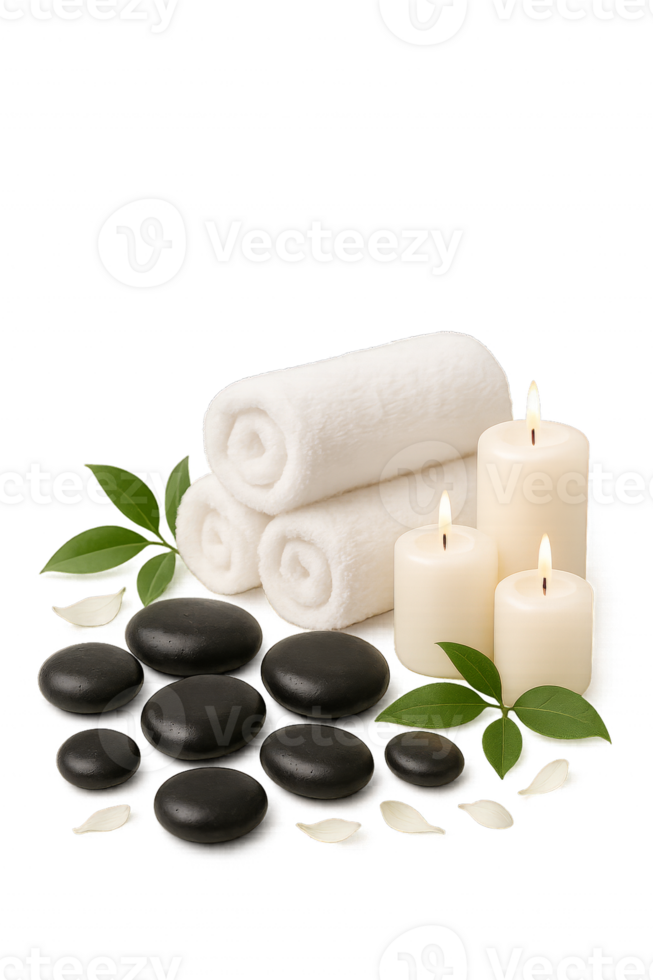 Relaxing Spa Setup With Candles, Towels, and Smooth Stones Creating a Soothing Environment png