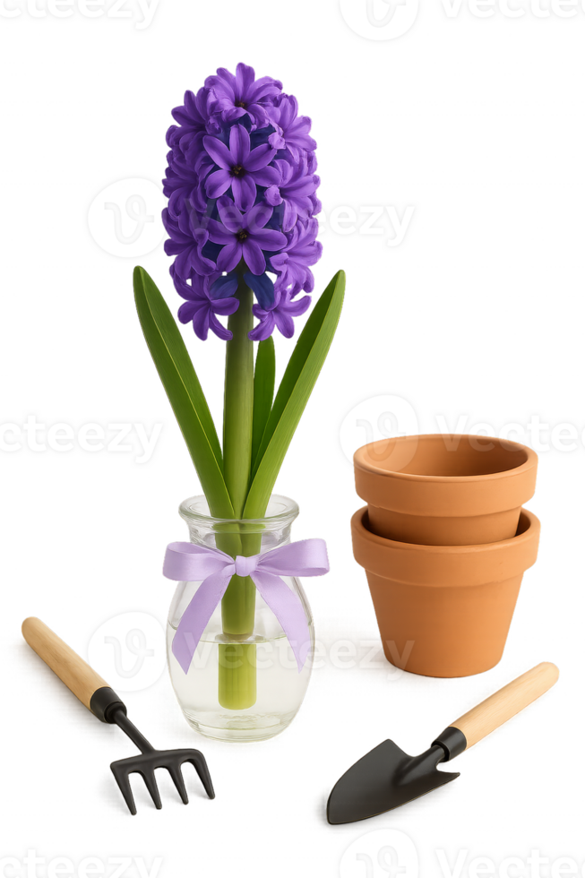 Display of Purple Hyacinth With Gardening Tools and Pots for Indoor Planting Activities png