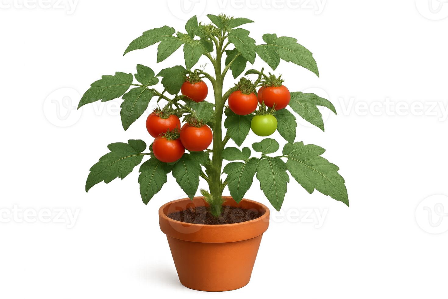 Vibrant Tomato Plant in a Terracotta Pot With Ripe and Unripe Fruit in a Bright Setting png