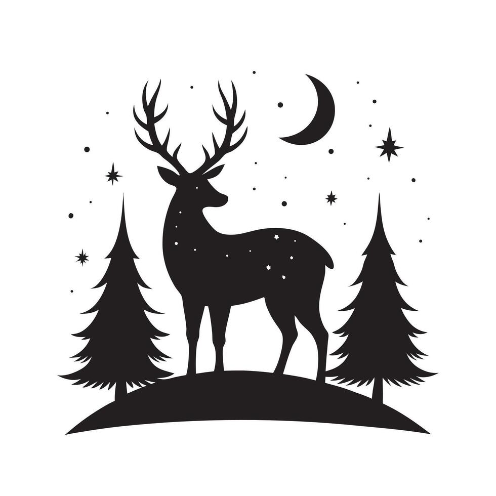 Starry night scene with deer silhouette vector