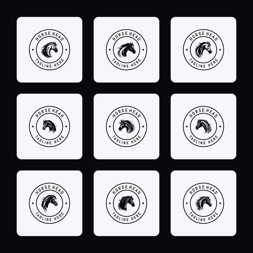 Horse head black silhouette lineart logo icon bundle, animal isolated on white background collection, creative minimal clean detail editable set vector