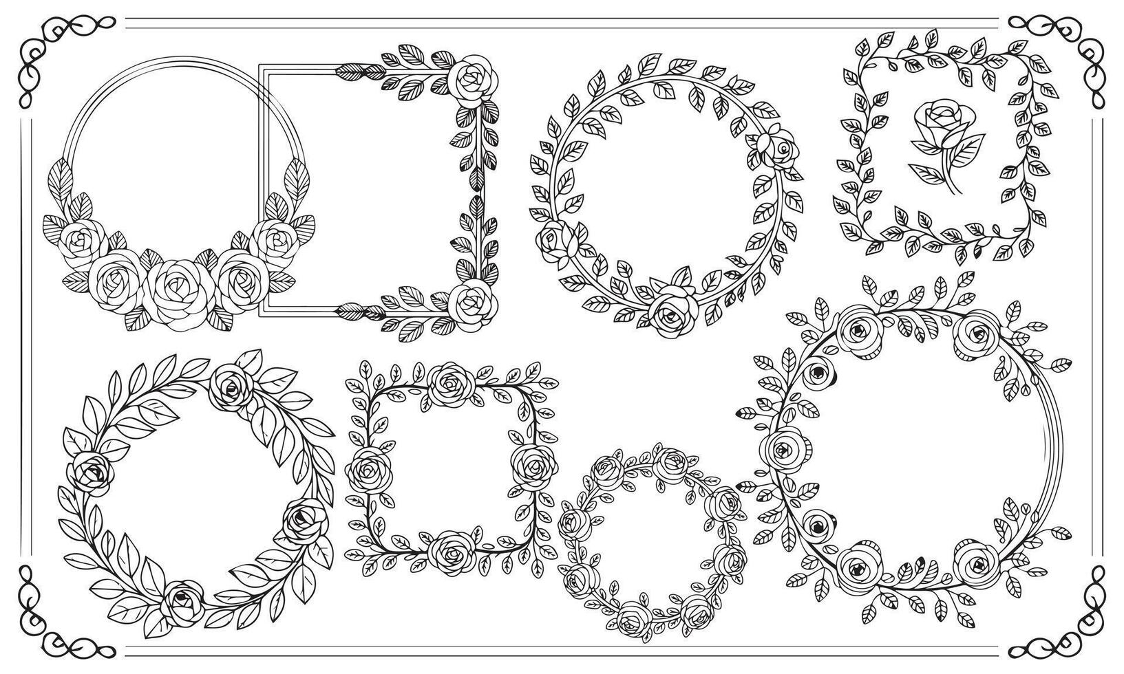 Floral Wreath and Frame Bundle Black and White Line Art vector