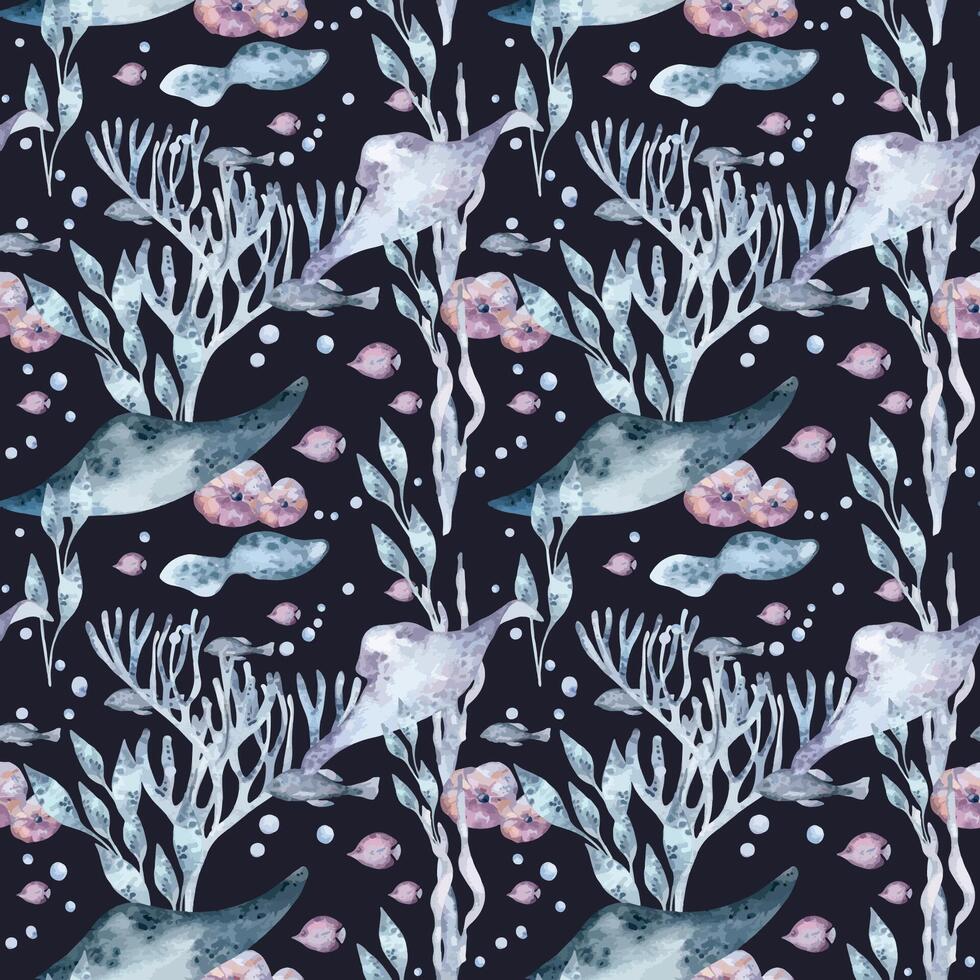 Stingray, fishes swimming in seaweeds, corals soft colors for marine design textile. Ocean creatures and sea plants watercolor seamless pattern isolated. Sea world botanical texture and ray fish vector