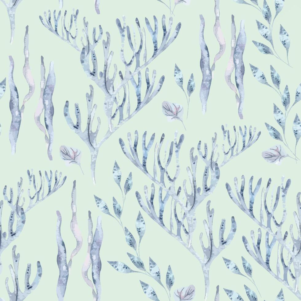 Sea plants monochrome soft blue watercolor seamless pattern isolated. Seaweeds and corals delicate pattern design. Reefs and laminaria hand drawn. Botanical underwater plants graphic repeated ornament vector