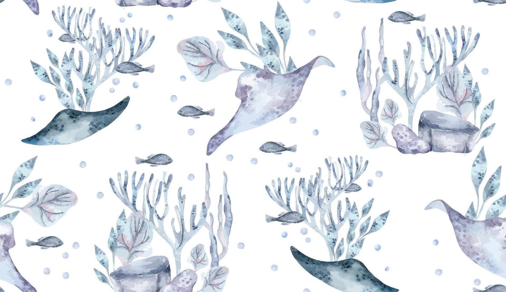 Ocean animals and sea plants horizontal seamless pattern isolated. Watercolor blue monochrome marine life elements stingray, seaweeds hand painted. Sea world on botanical texture and ray fish vector