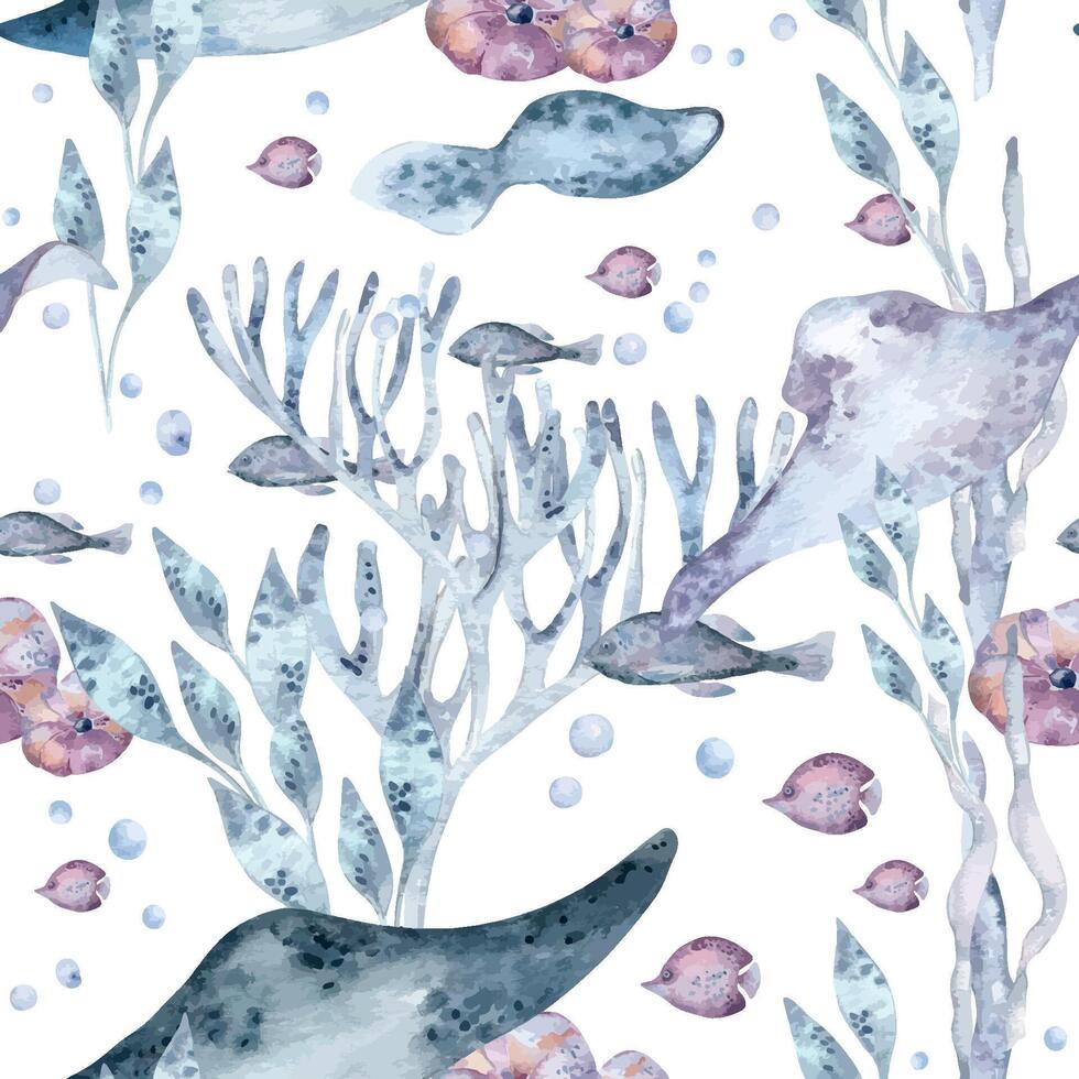Stingray, fishes swimming in seaweeds and corals soft colors for marine design textile. Ocean creatures and sea plants watercolor seamless pattern isolated. Sea world botanical texture and ray fish vector