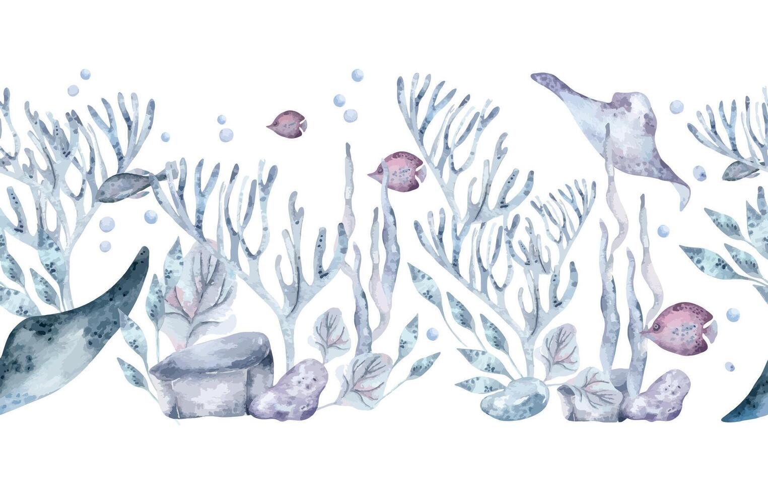 Seabed scene seamless border with ocean creatures, sea plants and stones in pale blue watercolor isolated. Underwater repeated background with pale blue seaweeds, fish and stingray hand drawn. vector