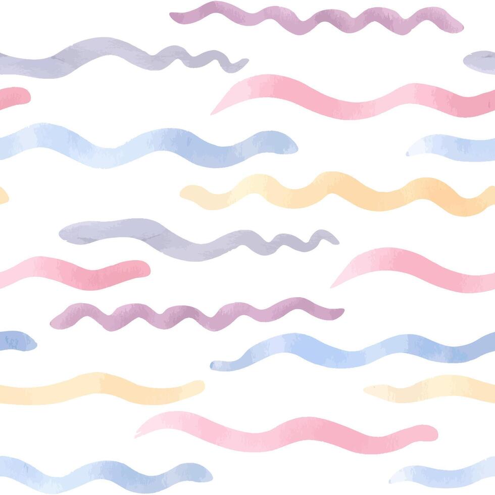 Horizontal wave lines various colors in watercolor seamless pattern isolated. Lines brush drawn in shades of peach, pink, blue, and lavender for marine background. Wavy stripes sea texture for kids. vector