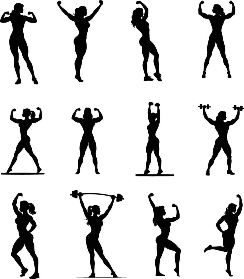 silhouette of a set of female bodybuilders, isolated in white. Ideal for fitness logos, gym designs, and sports illustrations. vector