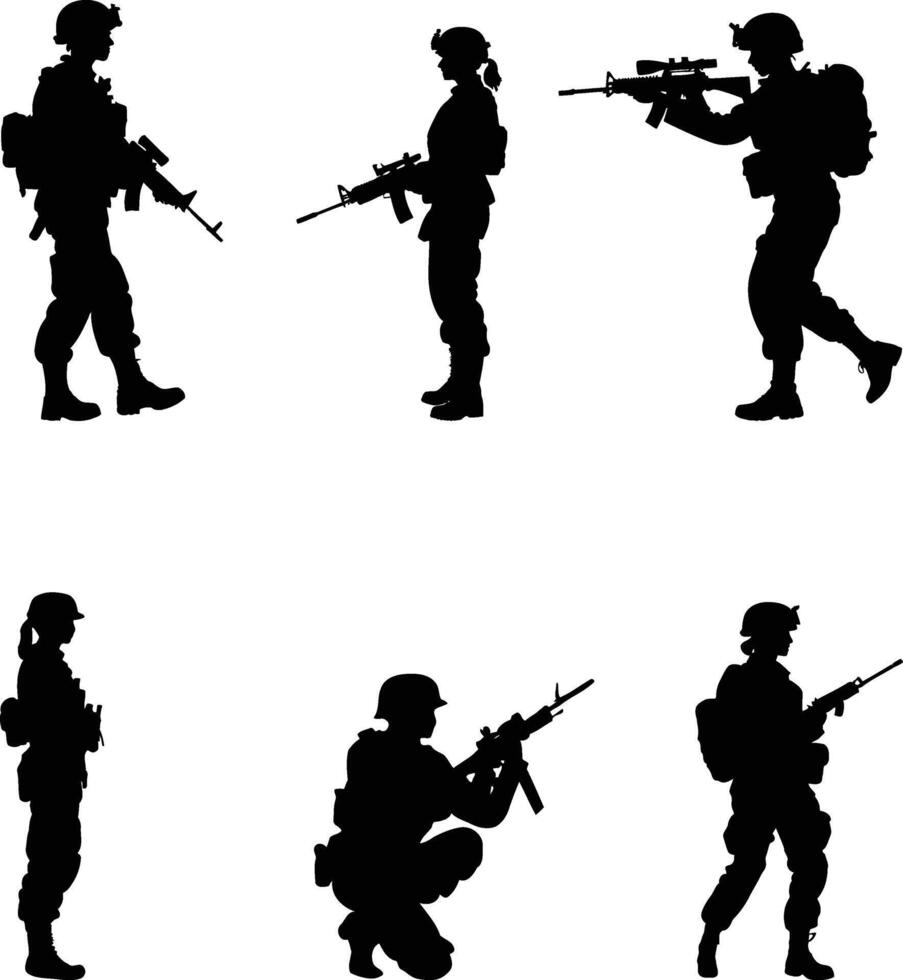 silhouette of a woman soldier in arms, isolated in white. Ideal for military-themed designs, empowerment logos, patriotic illustrations, and digital artwork. vector