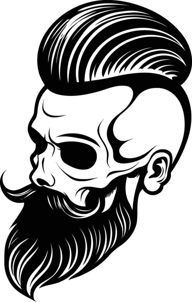 A detailed skull illustration featuring a bold hairstyle and beard style, showcasing a unique skull with long hair and facial hair design. vector